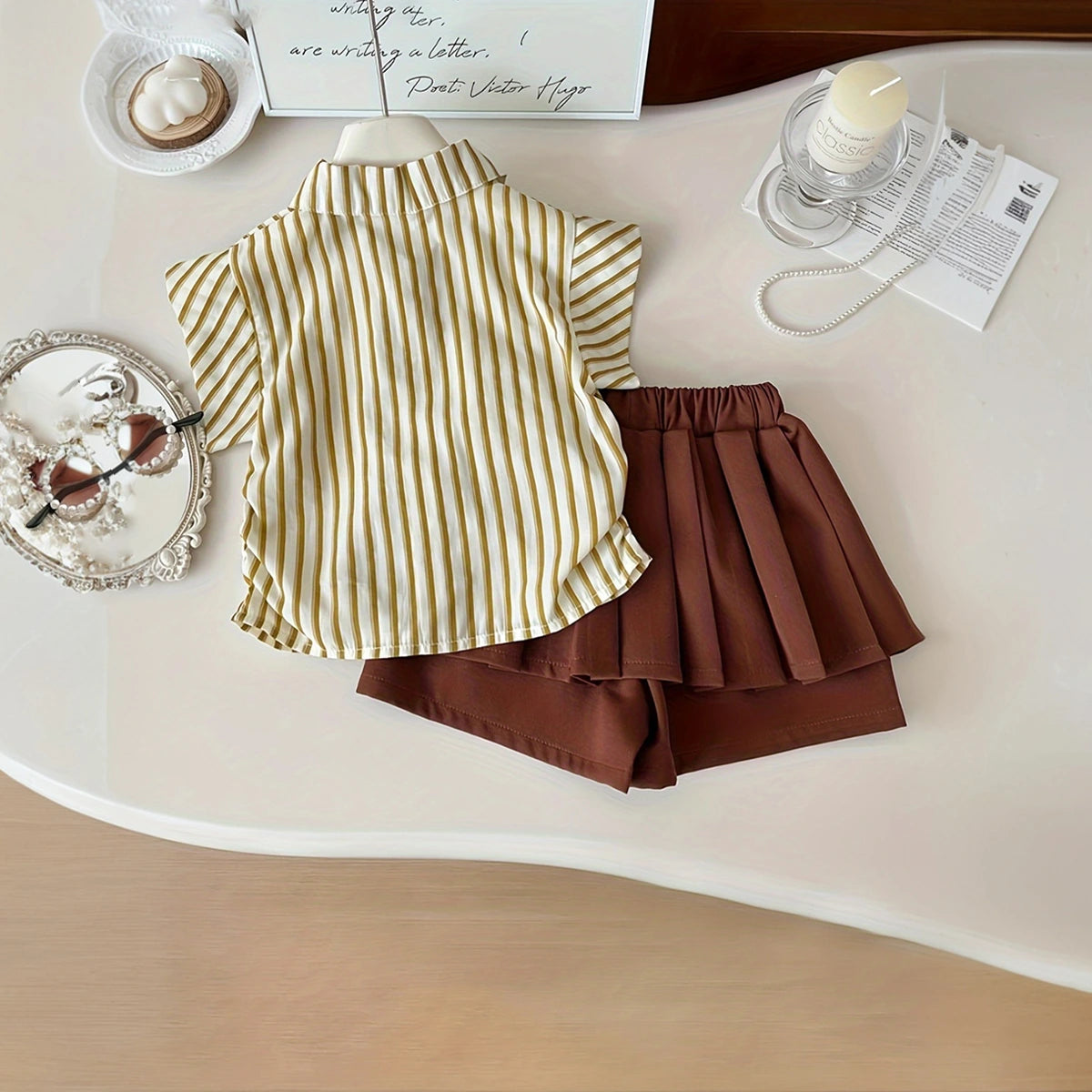 Girls Beige Stripes Short Sleeves Shirt With Skorts Set Sets