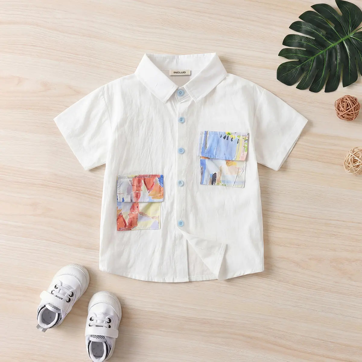 Boys White Short Sleeves Shirt With Abstract Printed Patch Pockets Shirts White 1-2 Y