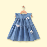 Girls Blue Bow Applique Short Sleeve Denim Dress Casual Dresses Blue 1-2 Y