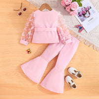 Girls Pink Butterfly Applique Sleeves Summer Blazer With Flared Pants Set 2 pc. Sets