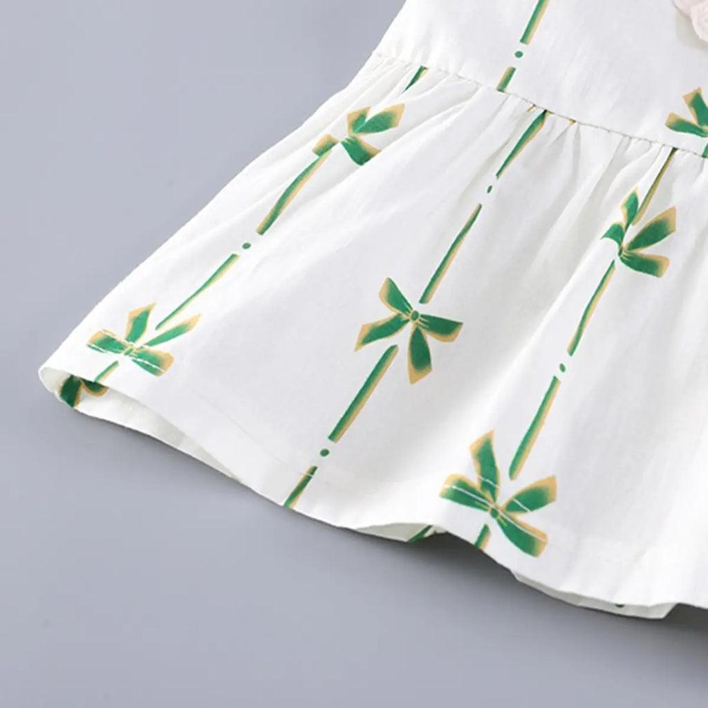 Girls Green Bow Print Puff Sleeve Top With Shorts Sets Sets