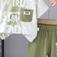 Boys Typographic Printed Contrast Pocket T-Shirt With Green Shorts Set 2 pc. Sets