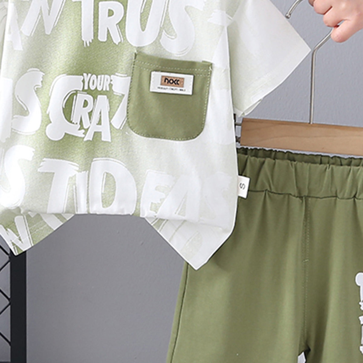 Boys Typographic Printed Contrast Pocket T-Shirt With Green Shorts Set 2 pc. Sets