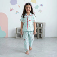 Girls Sky Blue Typographic Printed Short Sleeve Shirt With Printed Pyjama Sets Sets Sky Blue 6-9 M