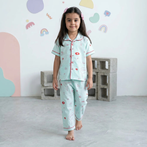 Girls Sky Blue Typographic Printed Short Sleeve Shirt With Printed Pyjama Sets Sets Sky Blue 6-9 M