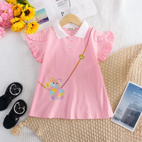 Girls Pink Graphics Short Sleeves T-Shirt Dress With Polo Collar Casual Dresses Pink 3-4 Y