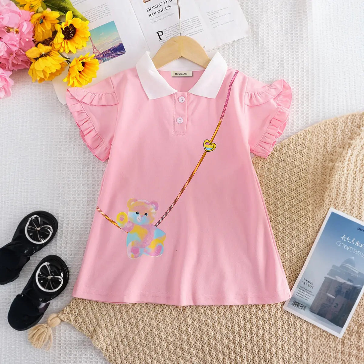 Girls Pink Graphics Short Sleeves T-Shirt Dress With Polo Collar Casual Dresses Pink 3-4 Y