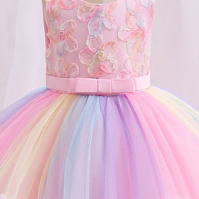 Girls Flower Applique Rainbow Print Party Dress Party Dresses   