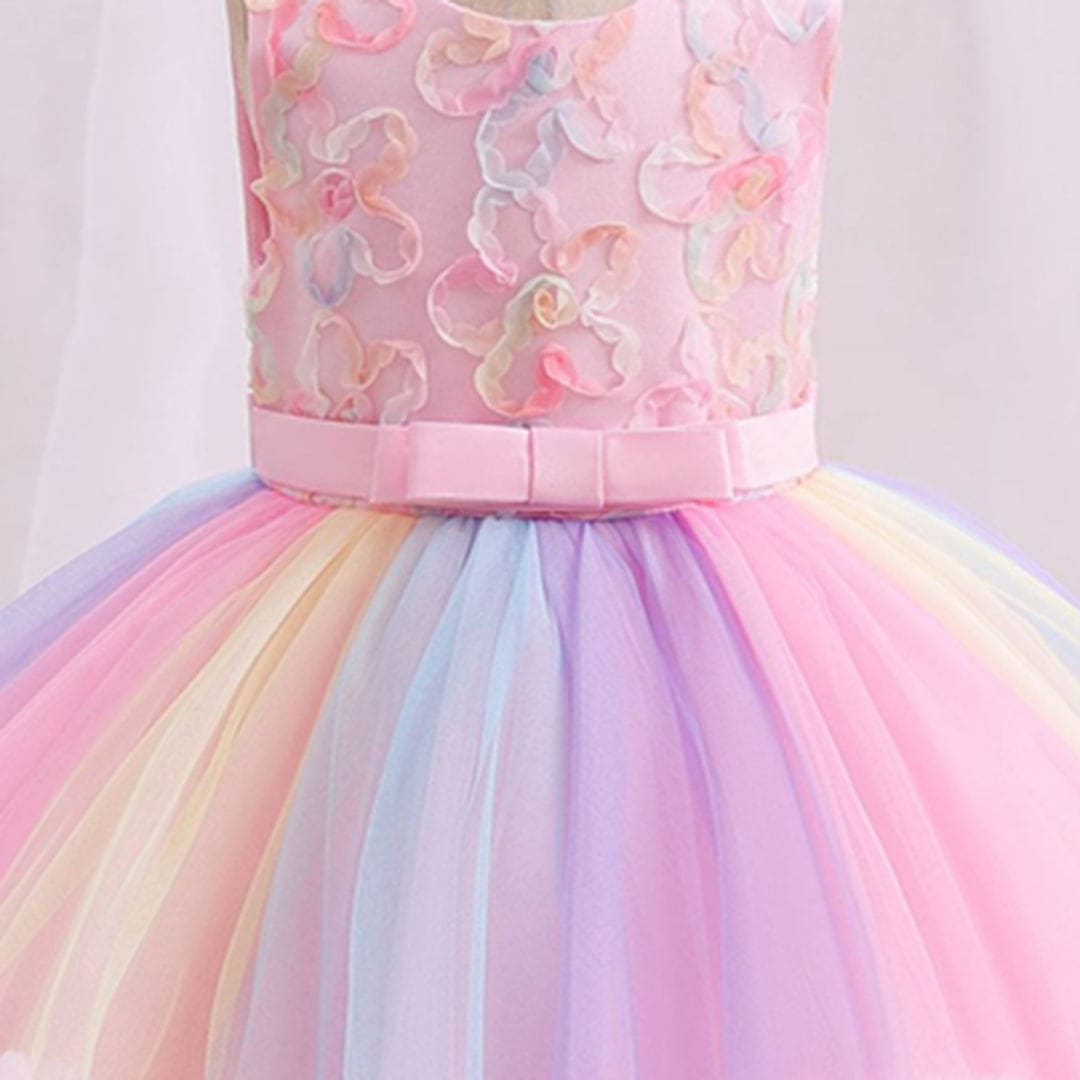 Girls Flower Applique Rainbow Print Party Dress Party Dresses   
