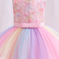 Girls Flower Applique Rainbow Print Party Dress Party Dresses   