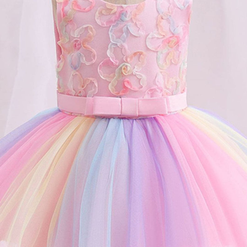 Girls Flower Applique Rainbow Print Party Dress Party Dresses   