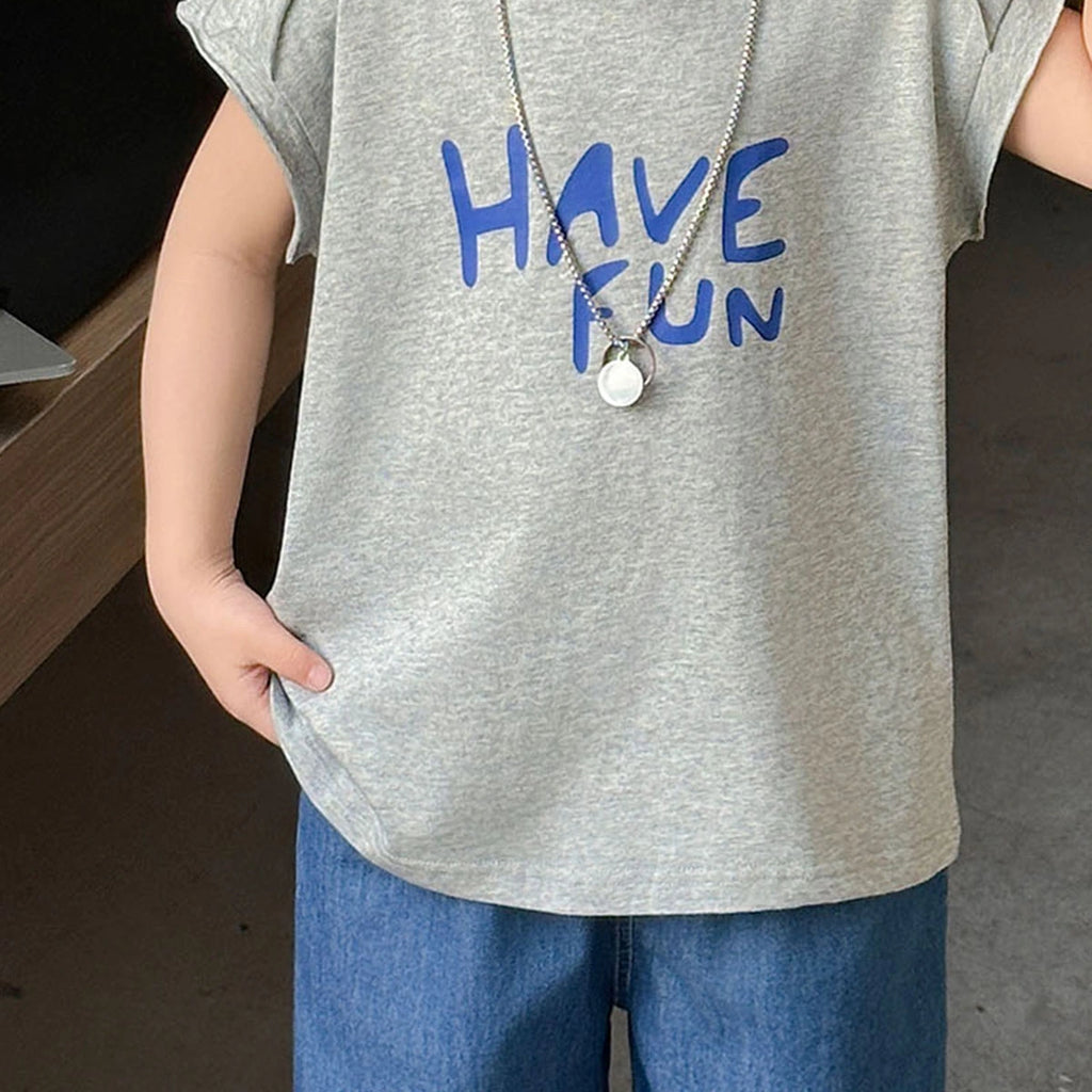 Boys Grey Typographic Sleeveless T-Shirt With Denim Shorts Sets Sets