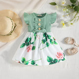 Girls Green Flared Sleeve Floral Printed Fit & Flare Dress