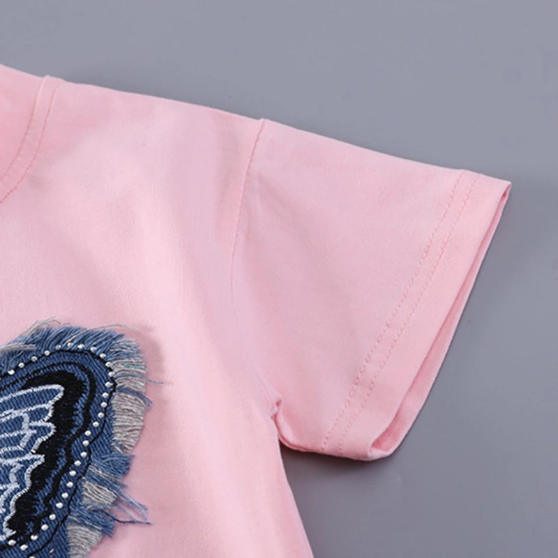 Girls Light Pink Butterfly Printed Half Sleeve T-Shirt With Denim Skirt Sets 2 pc. Sets
