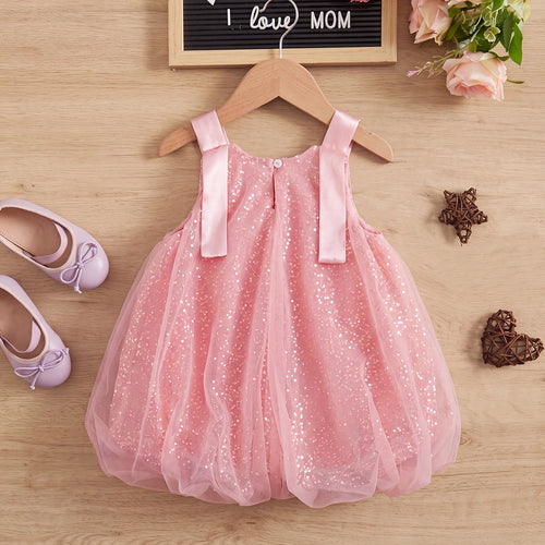 Girls Pink Sleeveless Sequins Embellished Balloon Dress Casual Dresses