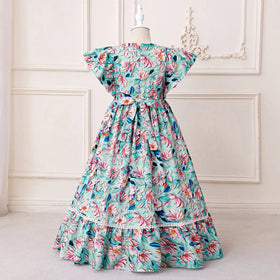 Girls Blue Floral Flutter Sleeves Maxi Dress With Elasticated Waistline Casual Dresses