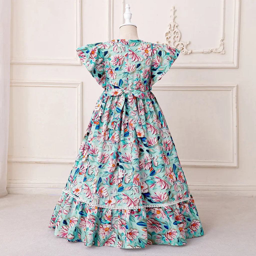 Girls Blue Floral Flutter Sleeves Maxi Dress With Elasticated Waistline Casual Dresses