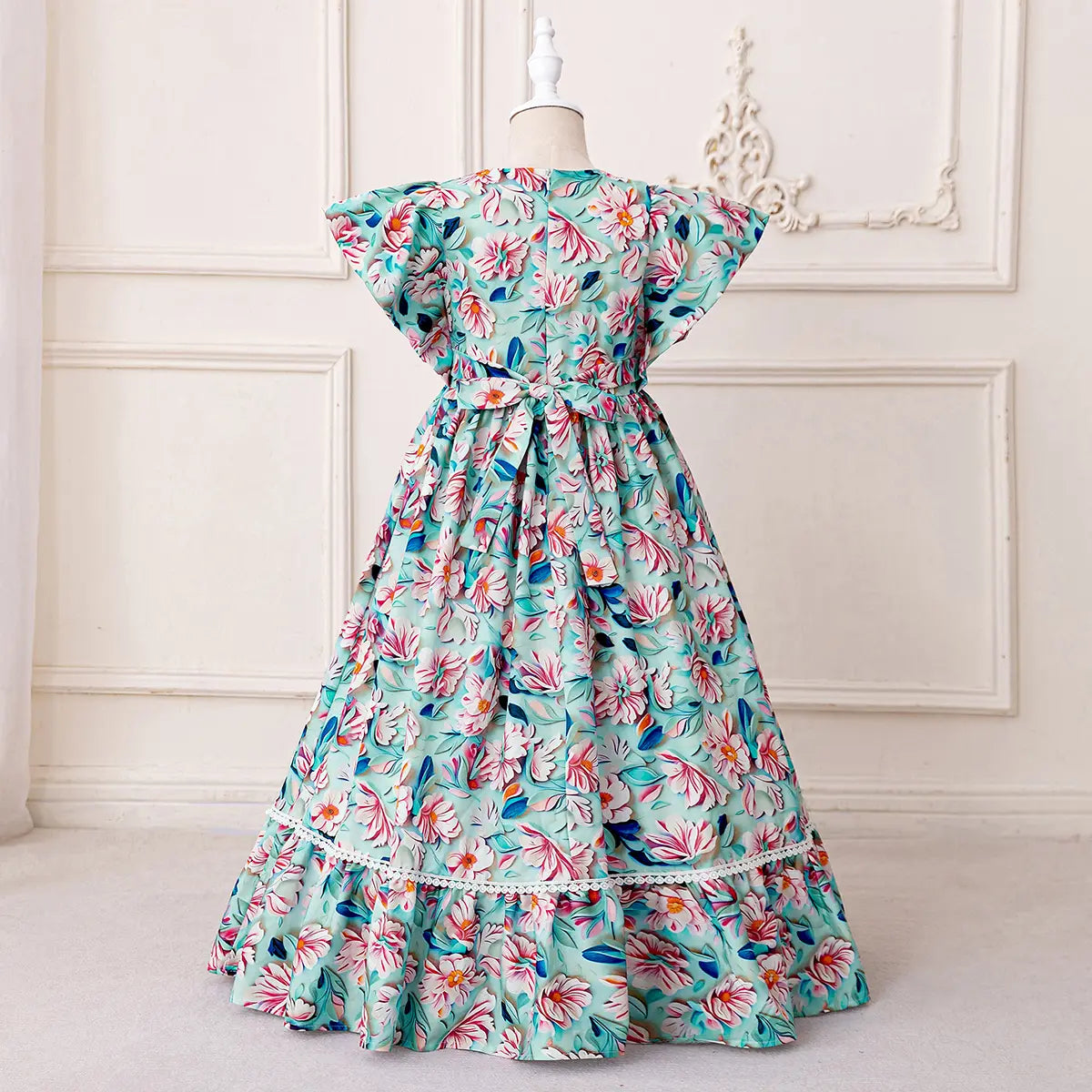 Girls Blue Floral Flutter Sleeves Maxi Dress With Elasticated Waistline Casual Dresses
