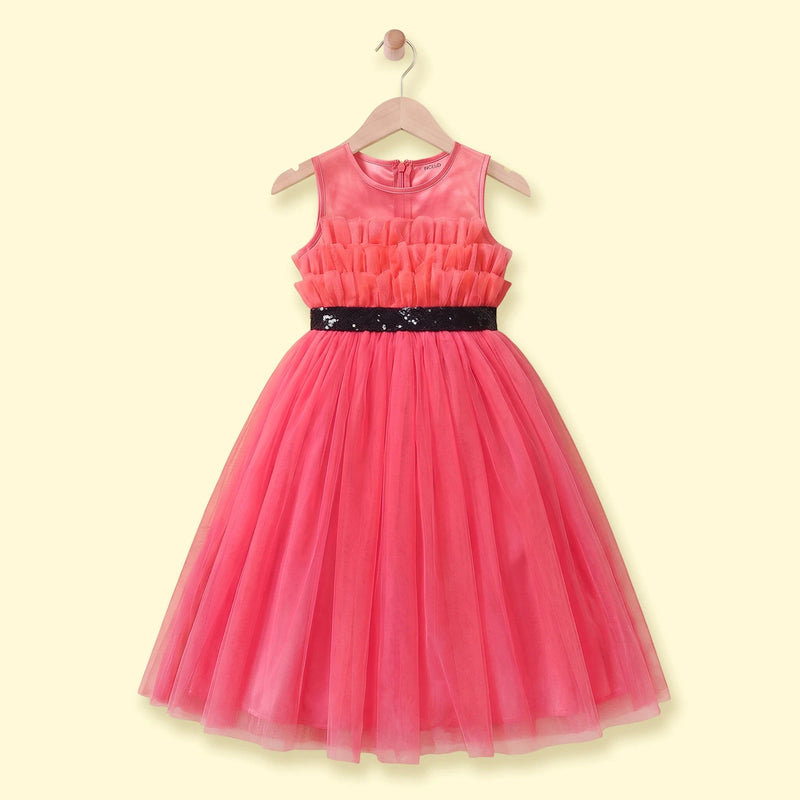 Girls Pink Ruffled Sleeveless Fit & Flare Party Dress Party Dresses Pink 1-2 Y