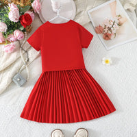 Girls Red Flower Applique Short Sleeves Top With Pleated Skirts Co-ord Sets Sets