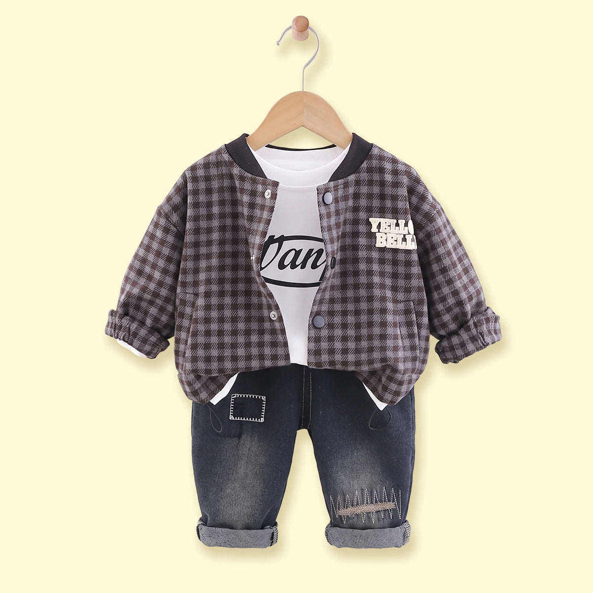 Boys Grey Checked Jacket With T-Shirt And Denim Pants Sets 3 pc. Sets Grey 1-2 Y