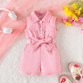 Girls Pink Striped Sleeveless Button-Front Belted Romper Jumpsuits Pink 1-2 Y