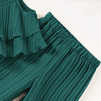 Girls Green Self Stripes Sleeveless Tiered Top With Pants Co-ord Sets Sets