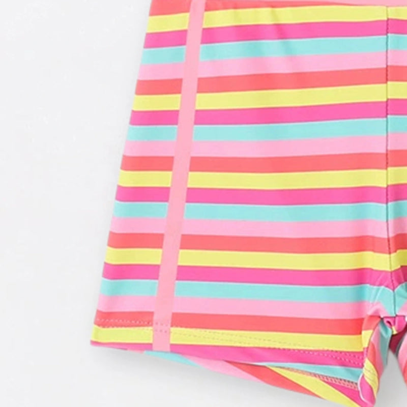 Girls Pink Unicorn Printed T-Shirt With Stripes Shorts Swimwear Sets Sets