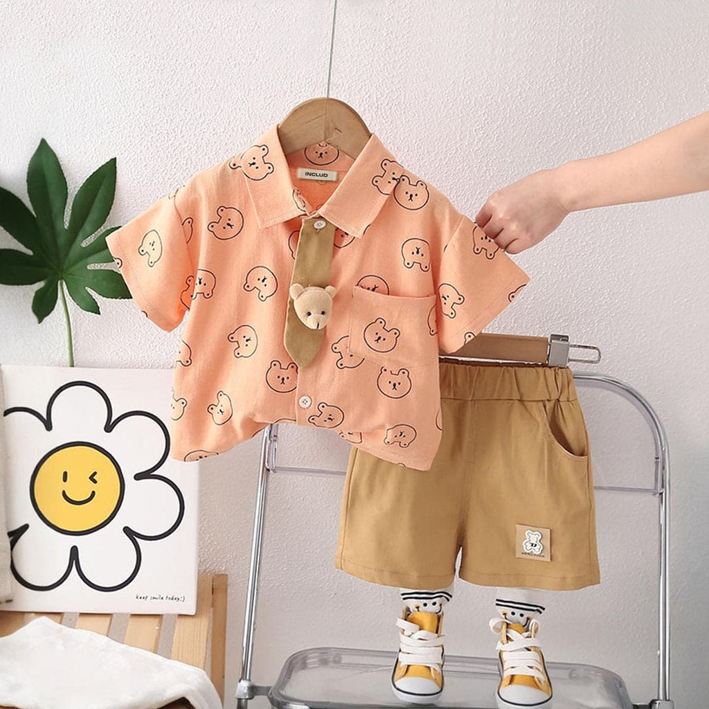 Boys Orange Cartoon Character Printed Short Sleeve Shirt With Shorts 2 pc. Sets Orange 1-2 Y 