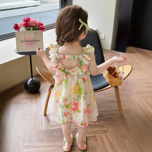 Girls Multicolor Floral Print Sleeveless Dress with Bow Straps Casual Dresses