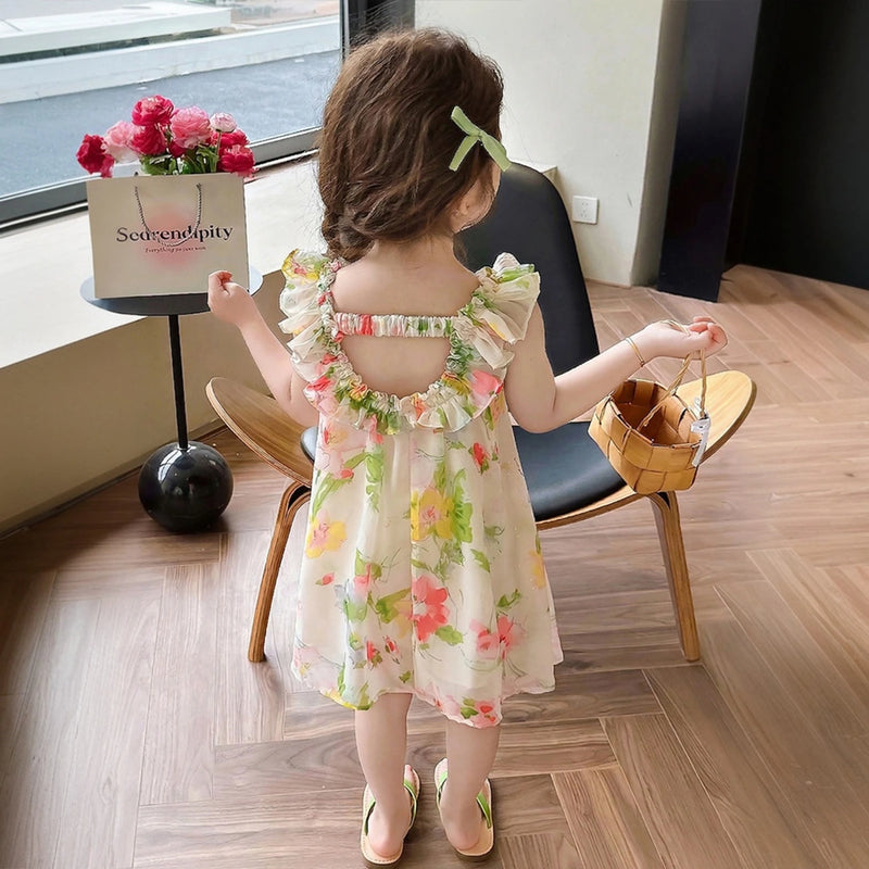 Girls Multicolor Floral Print Sleeveless Dress with Bow Straps Casual Dresses
