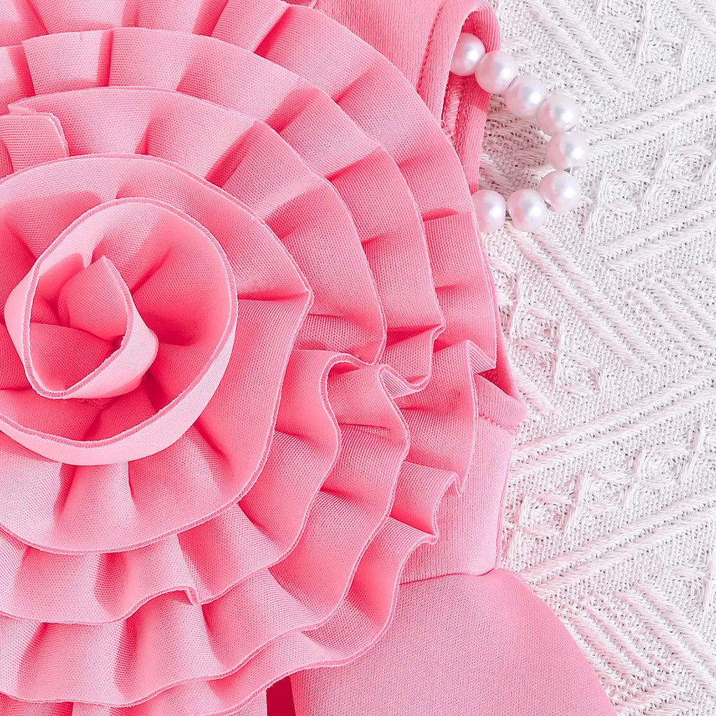 Girls Adorable Pink Sleeveless Dress with 3D Flower Embellishment Casual Dresses