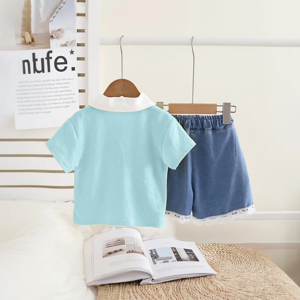 Girls Light Blue Bear Patch Embroidered Polo Top With Ruffle Denim Shorts Set Sets