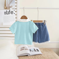 Girls Light Blue Bear Patch Embroidered Polo Top With Ruffle Denim Shorts Set Sets