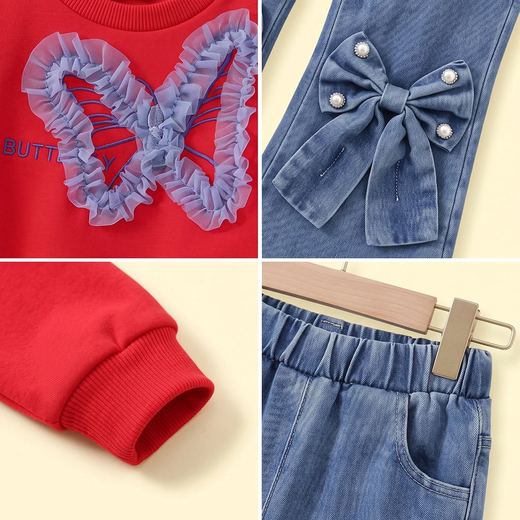 Girls Red Butterfly Long Sleeve Sweatshirt With Denim Pants Sets 2 pc. Sets