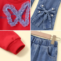 Girls Red Butterfly Long Sleeve Sweatshirt With Denim Pants Sets 2 pc. Sets