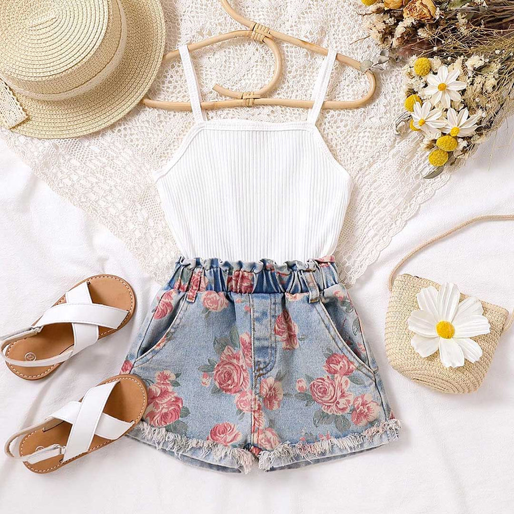 Girls Camisole Top With Floral Print Denim Shorts Set