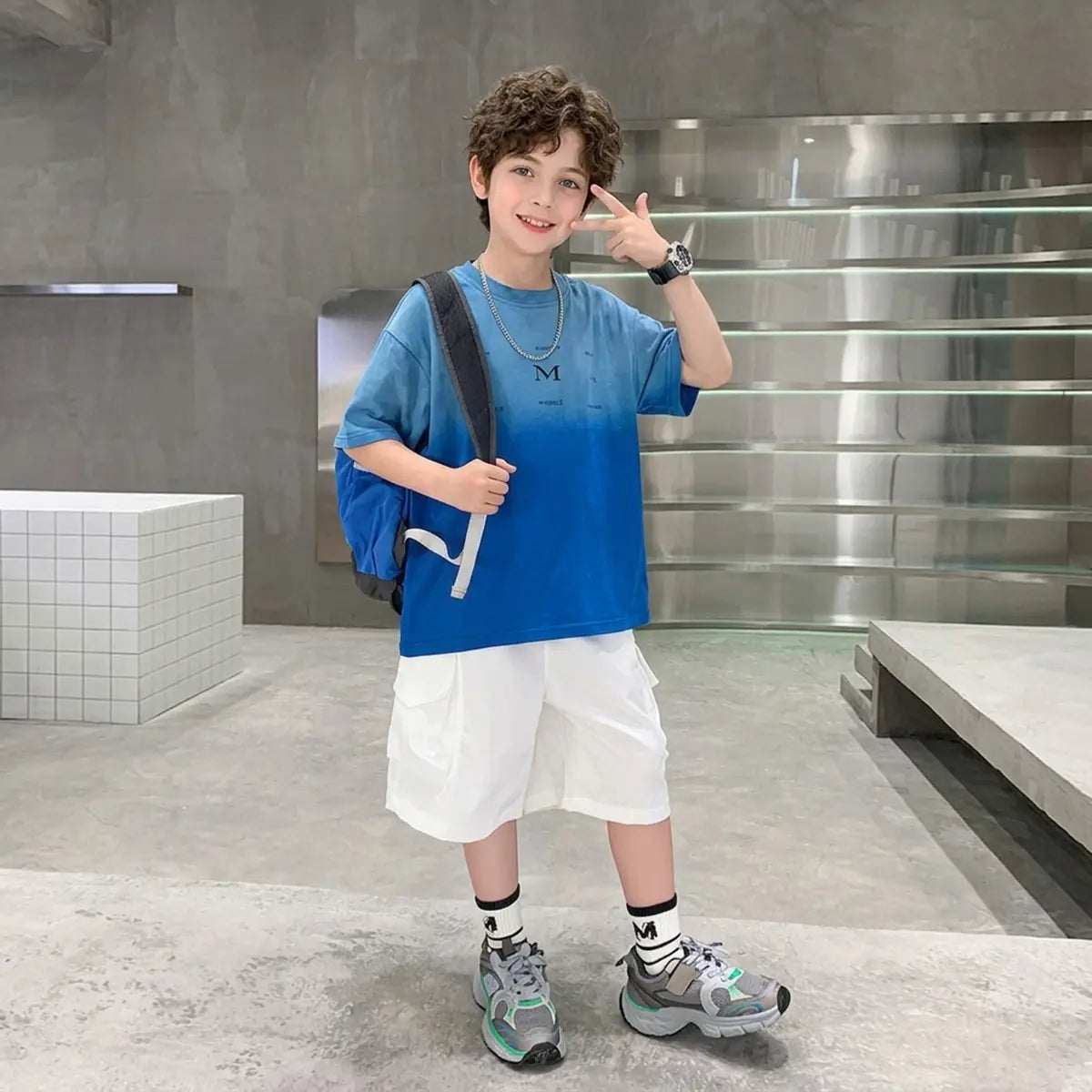 Boys Blue Ombre Print T-Shirt With Shorts Sets Sets