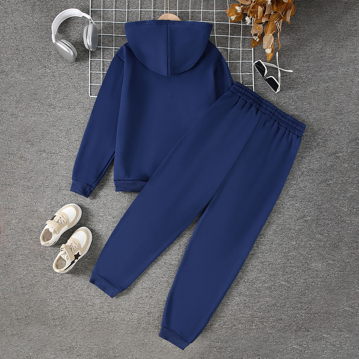 Boys Navy Blue Printed Fur Lined Sweatshirt With Pants Sets 2 pc. Sets
