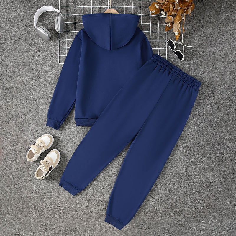 Boys Navy Blue Printed Fur Lined Sweatshirt With Pants Sets 2 pc. Sets