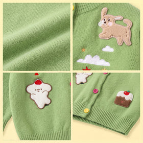 Girls Green Applique Long Sleeve Cardigan Sweaters & Cardigans