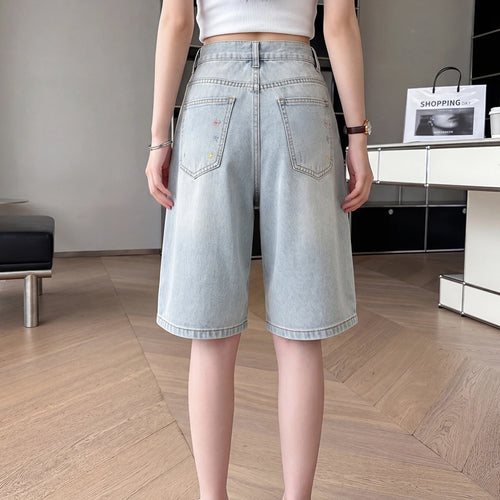 Girls Light Blue Embroidered Relaxed Fit Denim Shorts Shorts