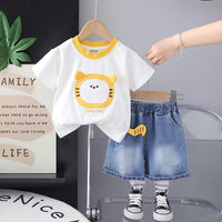 Boys White Cat Appliqued Short Sleeves T-Shirt With Denim Shorts Set 2 pc. Sets White 1-2 Y