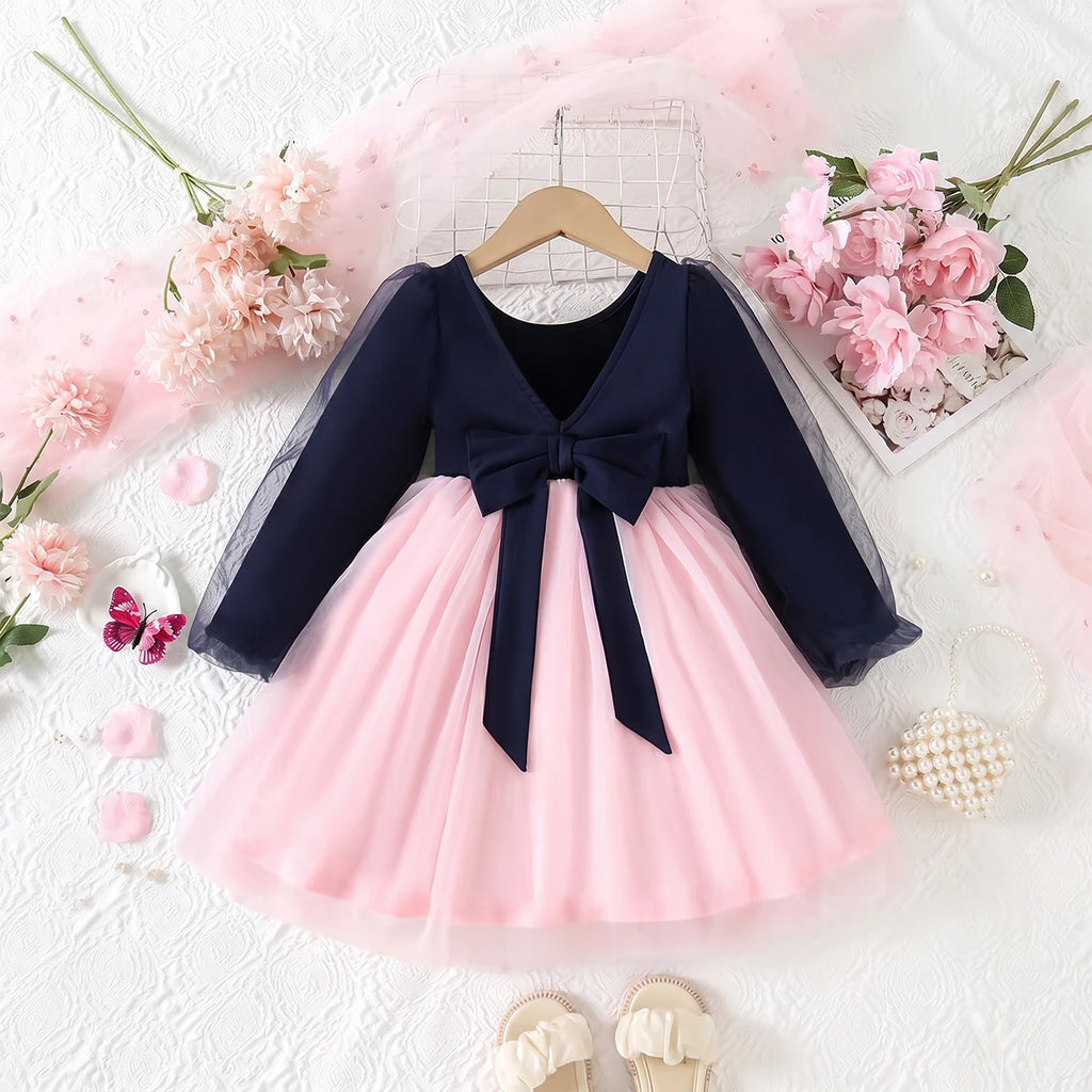 Girls Navy Blue Puff Sleeve Fit & Flare Dress Casual Dresses