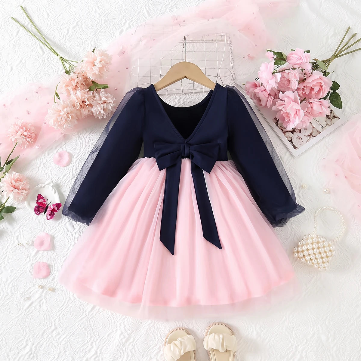 Girls Navy Blue Puff Sleeve Fit & Flare Dress Casual Dresses