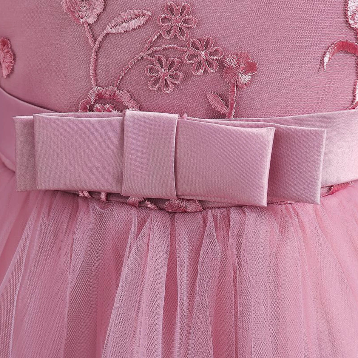 Girls Pink Embroidered Sleeveless Layered Party Dress With Bow Party Dresses