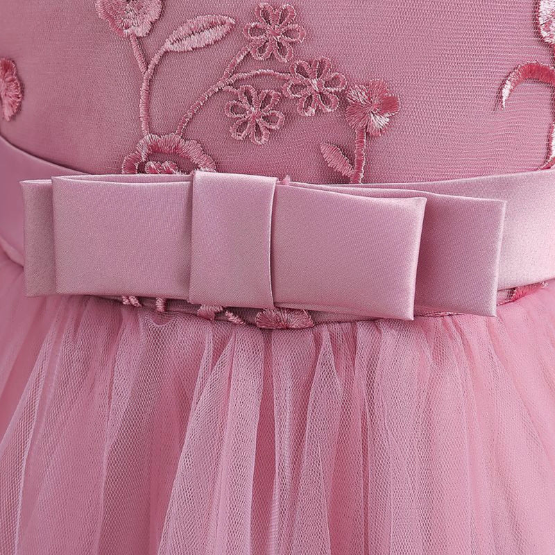 Girls Pink Embroidered Sleeveless Layered Party Dress With Bow Party Dresses