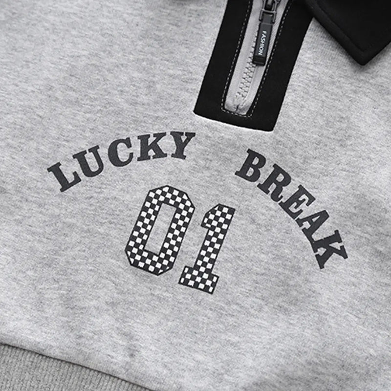 Boys Grey Alphanumeric Printed Polo Sweatshirt With jogger Co-ord Sets Sets