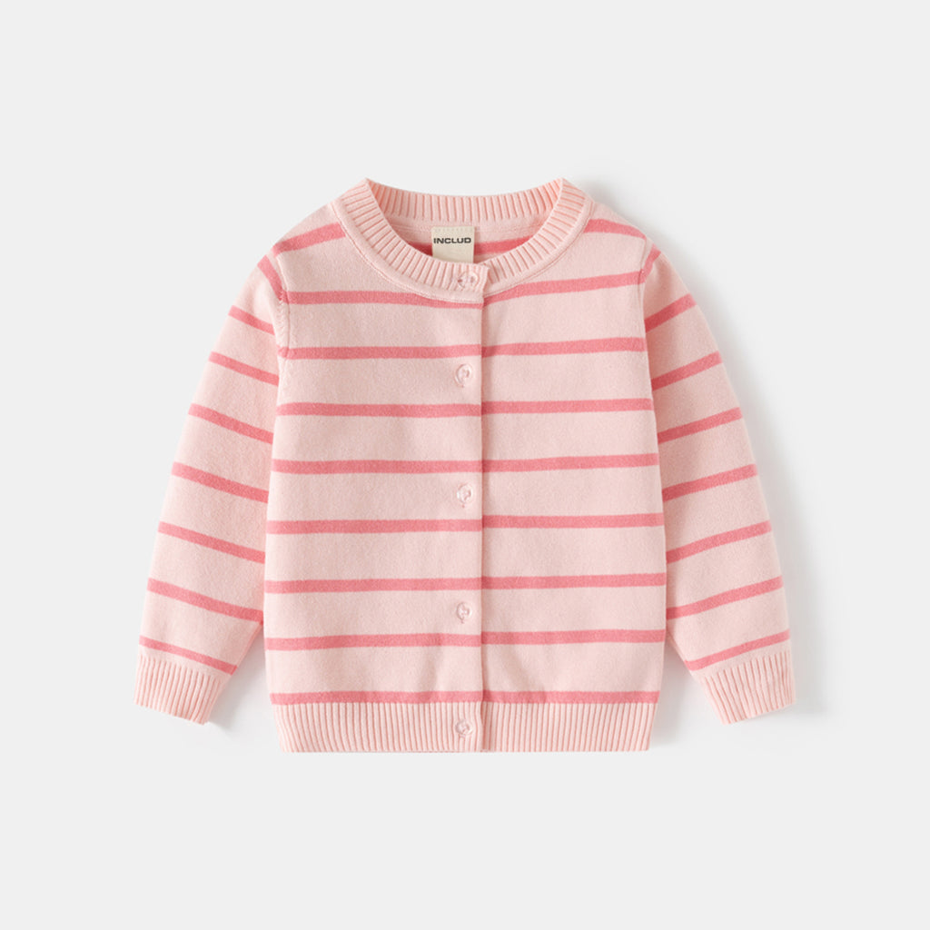 Girls Light Pink Cardigan With Self-design Stripe Patterns Sweaters & Cardigans