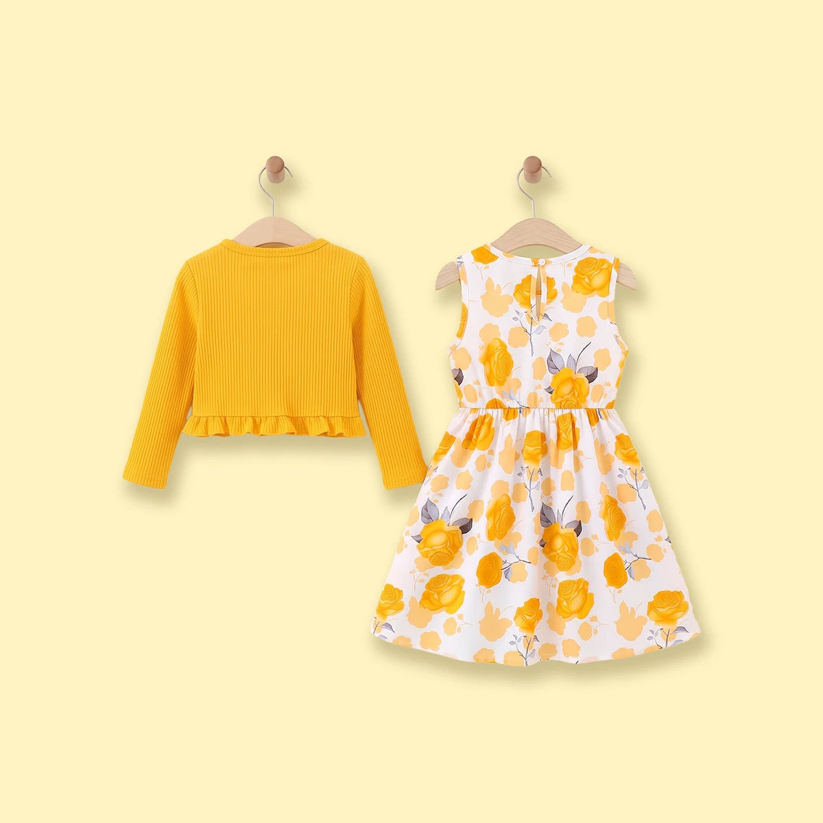 Girls Yellow Floral Print Sleeveless Fit & Flare Dress With Shrug Casual Dresses